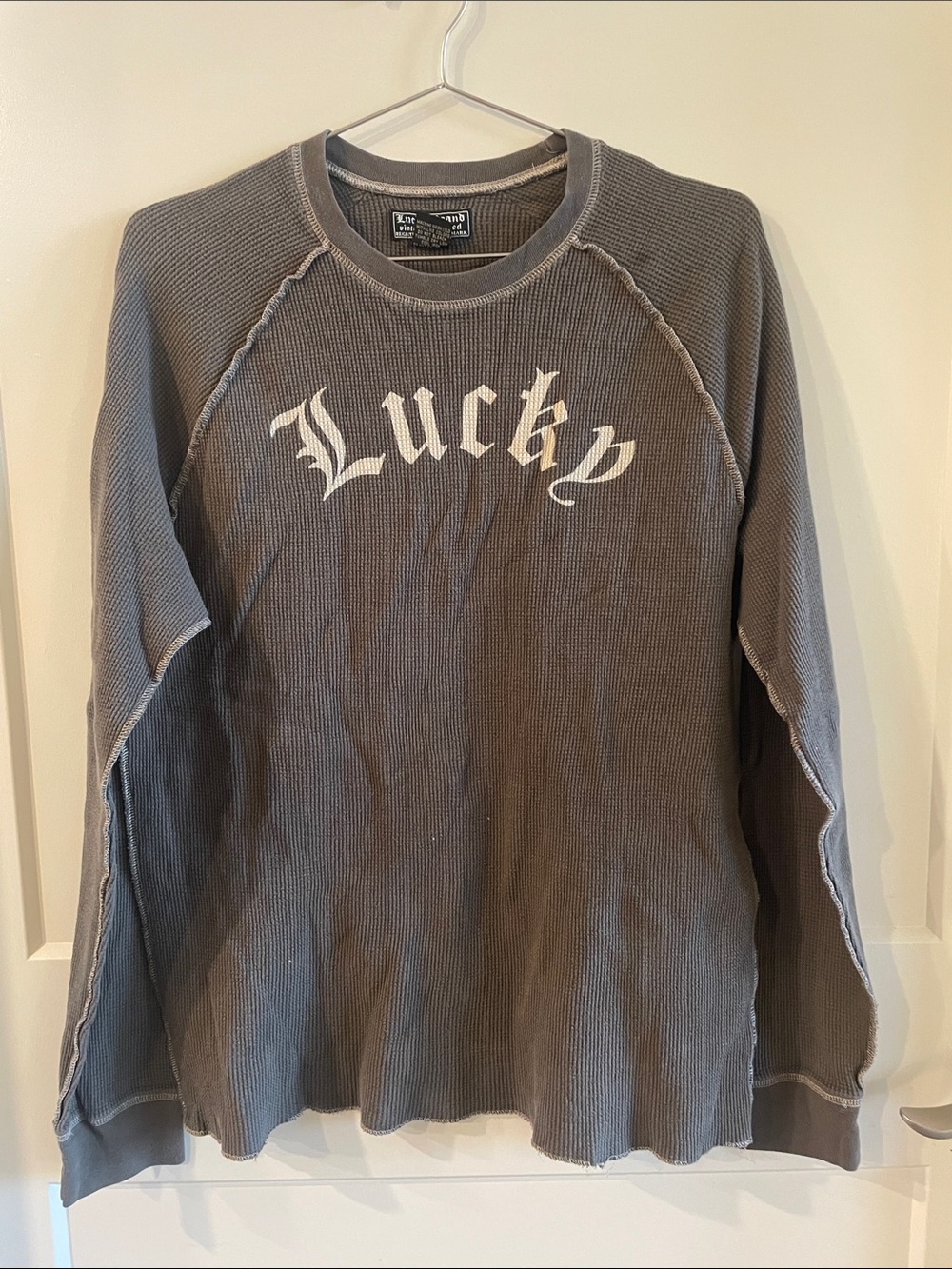 Lucky Brand Men's Grey Waffle-Knit Crewneck Sweater with Chest Logo